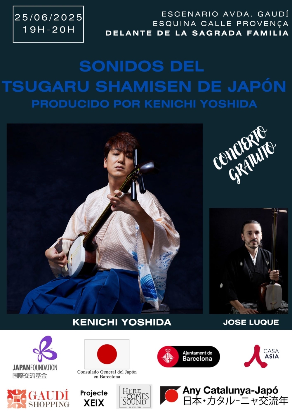 cartel del concierto Sonidos del Tsugaru Shamisen de Japón con fotografías de Kenichi Yoshida y de Jose Luque tocando