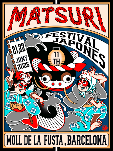 Cartel del festival Matsuri Barcelona 2025 con dibujos japoneses de baile y un sirulo