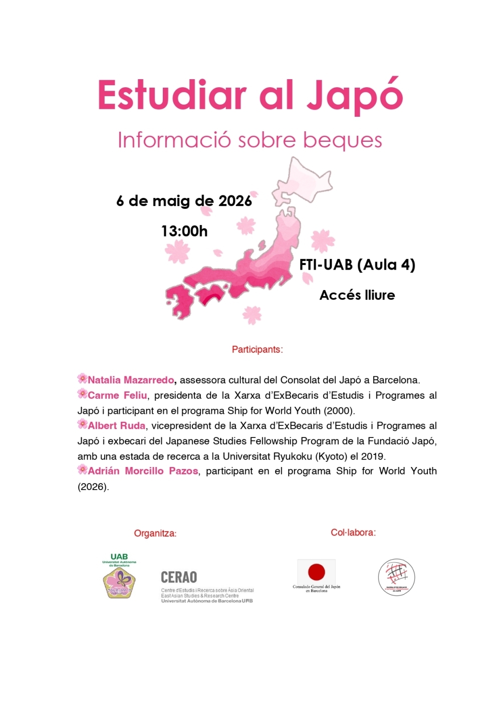 Poster Estudiar al Japó. Informació sobre beques. 6 de maif de 2026. FTI-UAB (Aula 4) Accés lliure