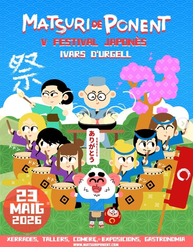 Cartel matsuri de ponent. V festival japonès. Ivars d'Urgell. 23 de maig. Dibujo de caligrafa, cocinero de soba, 6 artistas de taiko y mascota mono Obento. Xerrades, tallers, comerç, exposicions, gastronomia, www.matsuriponent.com