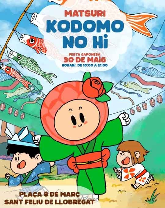 Cartel Matsuri Kodomo no hi. Festa japonesa. 30 de maig. Horari: de 10 a 20. Plaça 8 de març. Sant Feliu de Llobregat. Dibujo de su mascota Bara junto a unos niños y carpas koinobori 