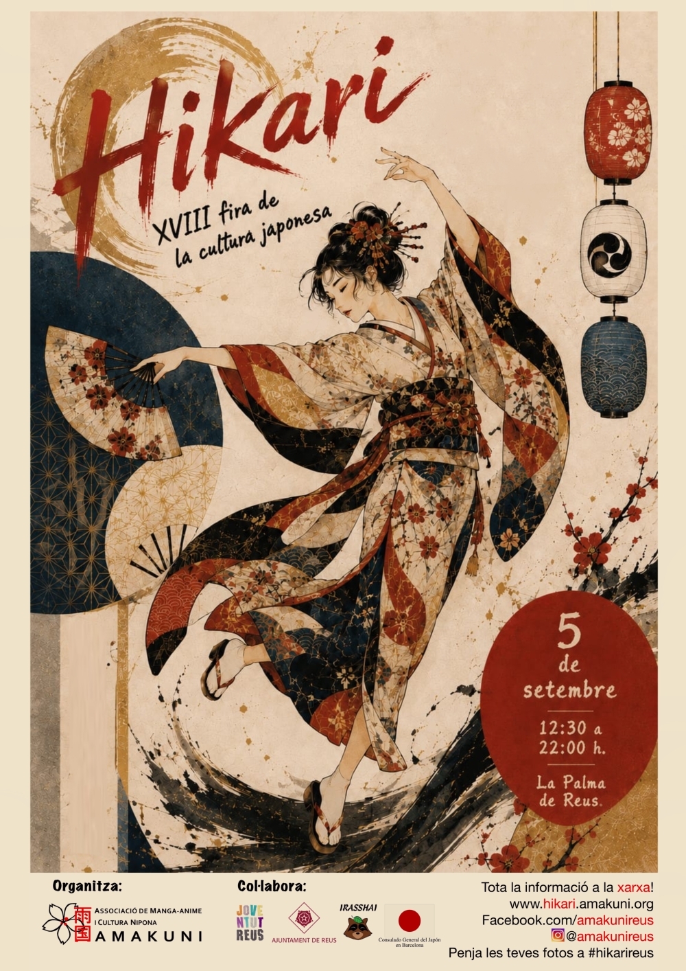 cartel Hikari XVIII fira de la cultura japonesa, 5 de setembre, 12:30 a 22:00 h., La Palma de Reus con el dibujo de una bailarina vestida con kimono